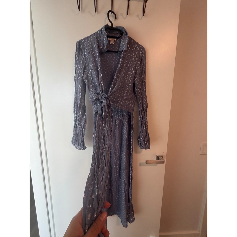Venus Blue Silver Metallic Clip Dot Wrap Front Tie Midi Dress Long Sleeve Size 6